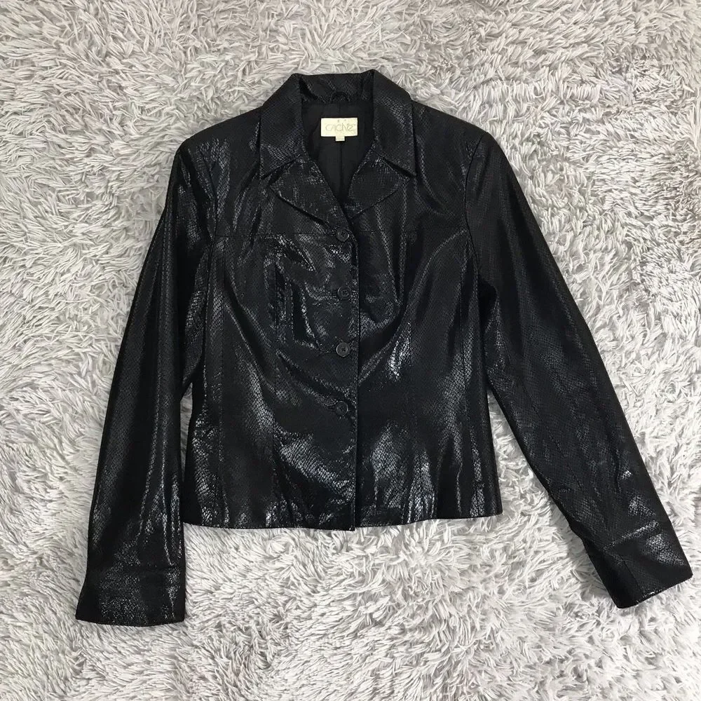 Cache Vintage Black Snakeskin Embossed Leather Jacket Womens 6 Button Front Coat